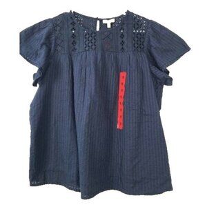 ELLA Moss BOHO Top‎ Size Medium Navy Blue Crochet Yoke Short Sleeve New